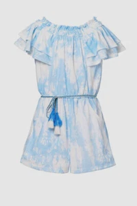 $70 Hanna Banana Kid's Girl's Blue Tie Dye Off The Shoulder Romper Size 7 - Picture 1 of 2