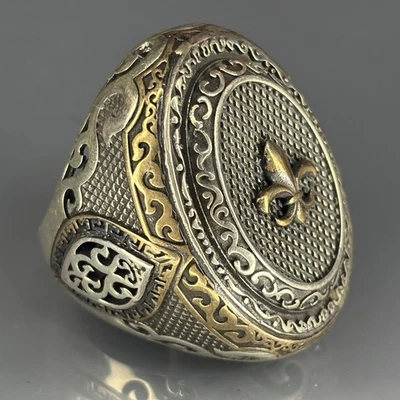 Sterling Silver Fleur de Lis Signet Ring: Knight's Crest Bronze Accent - Image 1 of 4