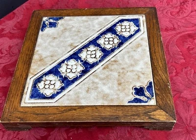 Wood Framed Ceramic Tile Trivet Cobalt  Blue Floral Design Made In Italy - Image 1 of 4