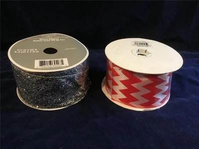 NEW 2.5 WIRED EDGE RIBBON LOT 2 BLACK SILVER WEB - RED WHITE CHEVRON Halloween - Image 1 of 4