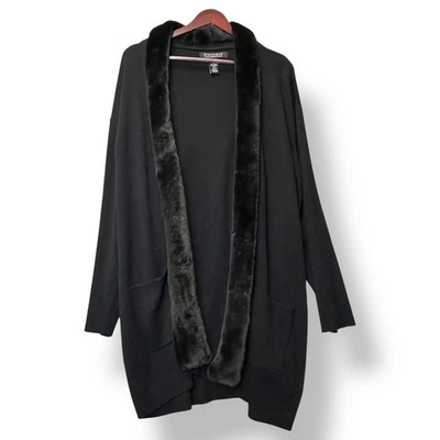 Dialogue Black Faux Fur Trim Merino Wool Blend Cardigan Coatigan 1X Minimalist - Image 1 of 4
