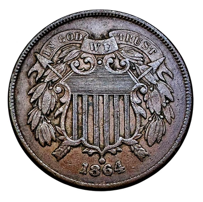 US 1864 Two Cent Piece Large Motto AU 2 C Copper - Image 1 of 2
