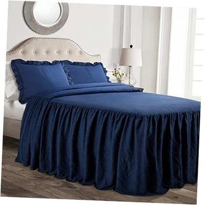  Juego de colcha con falda con volantes - 3 piezas ropa de cama de lujo para granja - Queen azul marino Foto 1 de 4