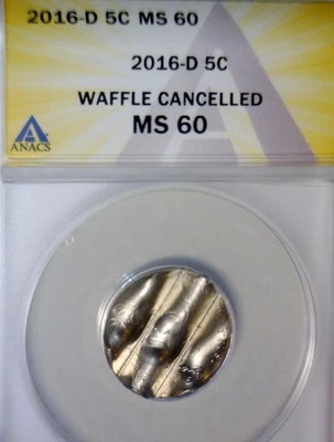 2016d ERROR ANACS MS60 WAFFLED Jefferson Nickel BU+ Coin STRUCK Waffle w Details - Image 1 of 4