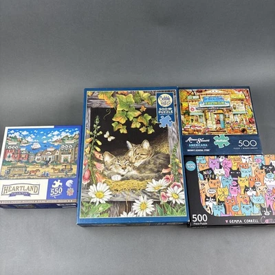 Lot of 4 Jigsaw Puzzles 500 Pc Cats Americana Cobble Hill Buffalo Aimee Stewart - Image 1 of 4