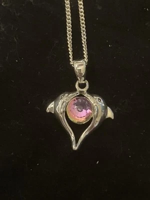 NEW PSCL Gem Stone 925 Sterling Silver Dolphins Pendant Faceted Peridot 18” - Image 1 of 4