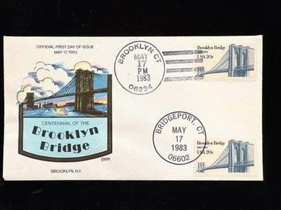 FDC COLLINS HAND-PAINTED CACHET #2041 BROOKLYN BRIDGE, 2 DIFF TOWN CANCELS - Image 1 of 2