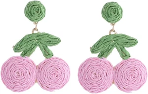 Pendientes de cereza para mujer Boho Rafia Cereza Pendientes colgantes Bohemia Declaración  - Imagen 1 de 1