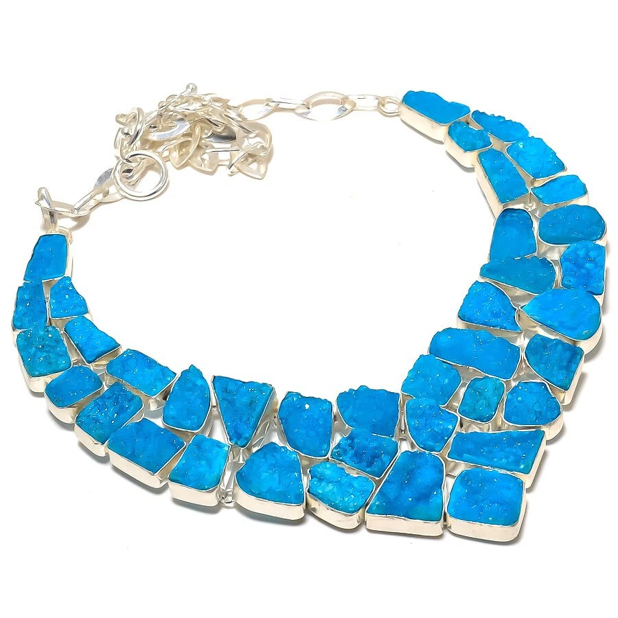 Collar distintivo chapado en plata con piedras preciosas druzy de titanio azul crudo joyería 18" Foto 1 de 1