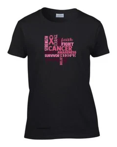 Womens Breast Cancer Awareness T-Shirt Strength Courage Hope Pink Ribbon Tee - Picture 1 of 9