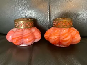 PAIR BOHEMIAN CZECH ORANGE MOTTLED SWIRL PUMPKIN ROSE BOWL AND BRASS FROG - Picture 1 of 15