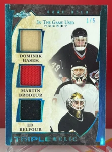 2022-23 Leaf In The Game Used BELFOUR BRODEUR HASEK Triple Relic Green 1/5 - Picture 1 of 2