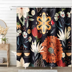 Cortina de Ducha Tela Impermeable Flores Bohemias Negro Decoración Impresiones 71x71" Hogar - Imagen 1 de 11