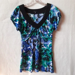 Maurices Floral V-Neck Womens Stretchy Blouse Size M, Black, royal blue, & Aqua - Picture 1 of 12