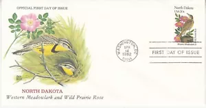 USA 1982. North Dakota. Western Meadowlark & Wild Prairie Rose. 1st day FDI 20c - Picture 1 of 1