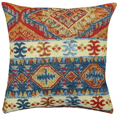 Riad Navajo Kilim Tapestry Cushion. Red/Blue Horizontal Geometric Design. 17x17" - Image 1 of 2