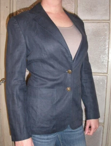 Moschino Jeans early 2000 navy linen slim blazer brass logo buttons 40I 6US - Picture 1 of 5