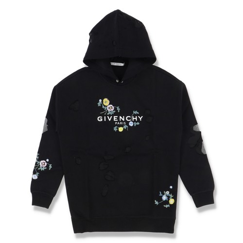 Felpa con cappuccio Givenchy nera ricamata floreale logo distrutto Taglia L SS19 $1585