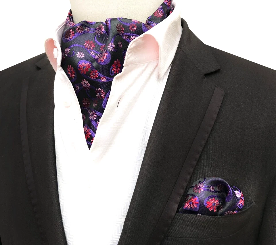 Nuevo Clásico Para Hombre Ascot Corbata Corbata Corbata Seda Paisley Azul Rojo Bufanda Corbata Pañuelo Conjunto Foto 1 de 1