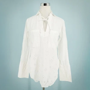 Top túnica de algodón Kerri Rosenthal talla mediana M blanco con ojales con cuello corbata popover - Imagen 1 de 7