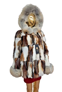 FOX FUR HOODED COAT JACKET VEST SIZE L/XL 100% REAL NATURAL NEW - Picture 1 of 5