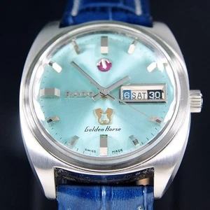 OROLOGIO DA UOMO VINTAGE RADO GOLDEN HORSE AUTOMATICO QUADRANTE BLU CIELO ABITO GIORNO E DATA - Foto 1 di 11