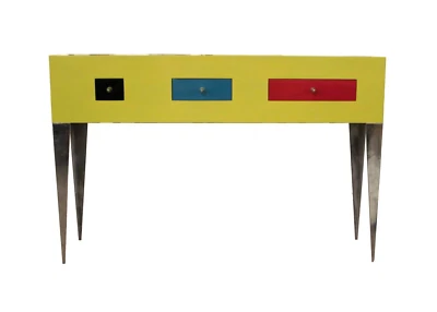 Mesa consola vintage hecha a medida estilo Memphis posmoderna amarilla y cromada Foto 1 de 4