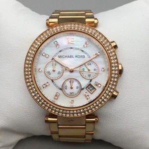 Michael Kors Parker Watch Women Rose Gold Tone Chronograph MOP New Battery 6.25" - Picture 1 of 13