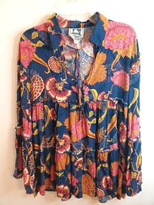 Top Jaase Floral Chloe Popover XS Azul Marino Rosa Boho Manga Larga Con Volantes en Niveles - Imagen 1 de 8