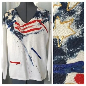 Vtg Sarah Handpainted Originals Patriotic Cotton Sweater w Multip. Pockets Sz SM - Picture 1 of 12