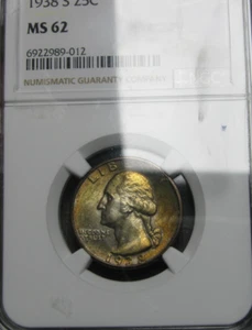 1938-S Washington Quarter ---- MS-62 NGC Toned Obverse Graded Coin ---- #207C - Picture 1 of 6