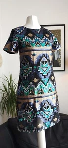 6, Black Blue Gold Green sequin Short Dress, Aztec Pattern Short Sleeve - Picture 1 of 9