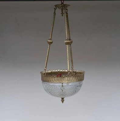 1940s Style Art Deco Chandelier Brass And Cut Glass Lamp Pendant Light - Image 1 of 4