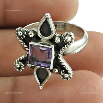 Anillo de cóctel con bisel de piedra amatista cojín de nacimiento de febrero de plata maciza EE. UU. 7,5 Foto 1 de 4