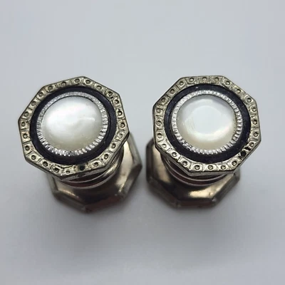 Vintage Mother of Pearl MOP Black Enamel Art Deco - SNAP LINK Button Cuff Links - Image 1 of 4