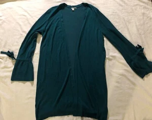 Halogen Knee Length Cardigan Sweater Womens L Teal Green Long Sleeve w Bow  - Picture 1 of 4