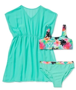 Wonder Nation Girls Bikini Swimsuit Kaftan 3 Piece Set Size 7-8 Aqua Palm Print - Picture 1 of 3