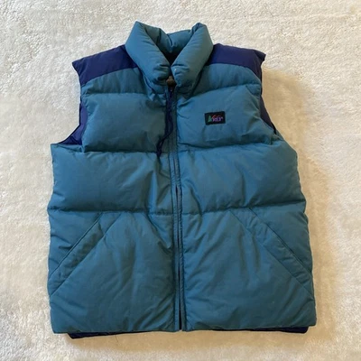 复古 REI 鹅绒松饼背心青少年尺寸 M (8-10) 全拉链蓝色青蓝色 — 第 1/4 张图片