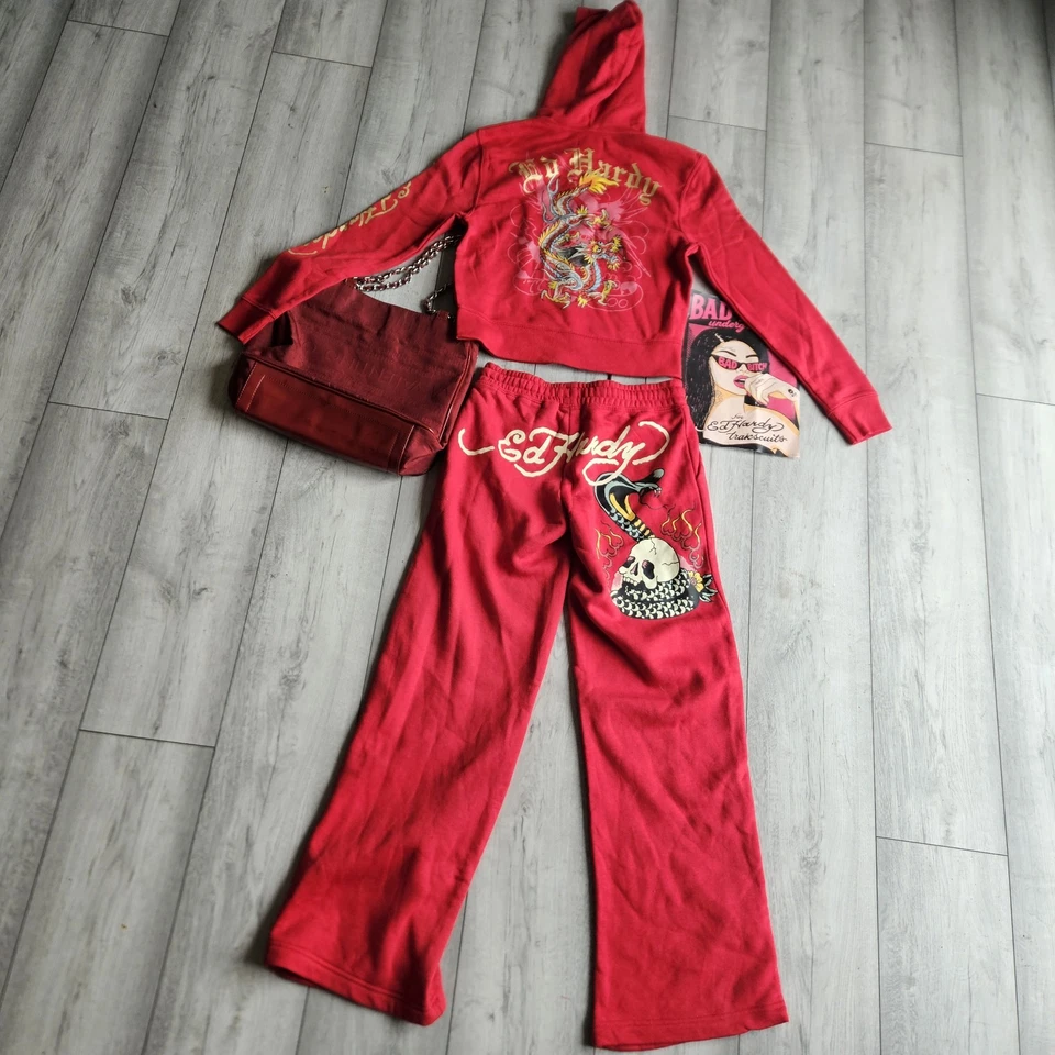 Traje de tatuagem Ed Hardy Red Dragon & Skull | Conjunto de streetwear Don Ed Hardy Y2K - Imagem 1 de 4