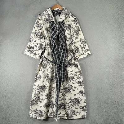 Bata floral vintage negra blanca Toile abrigo tartán kimono con cinturón hecha a mano Foto 1 de 4