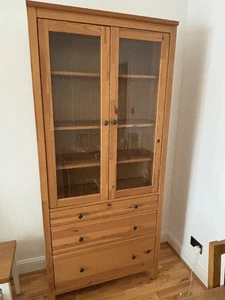 HEMNES GLASS DISPLAY AND 3 DRAWERS OAK COLOUR CABINET - Picture 1 of 4