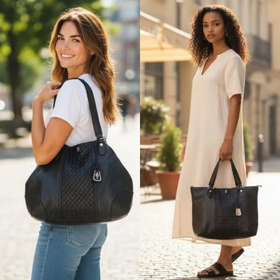 Cole Haan Woven Boho Shoulder Bag Tote bag Black Leather Convertible Large $398 - Image 1 of 4