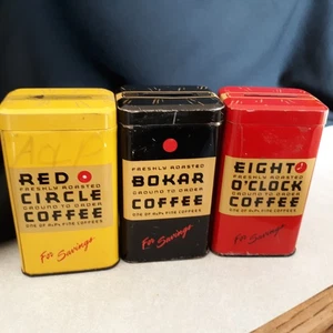 3 Vintage COFFEE Tins COIN BANKS Red Circle Eight O CLOCK & Bokar - Picture 1 of 5