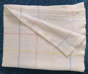 Mothercare Vintage Pram Blanket Waffle white blue pink yellow check Made GB 90s - Picture 1 of 6