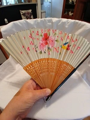 Antique Oriental Fan Bamboo Silk Floral Hand Painted 12" Open 1" Close 8 1/2" L - Image 1 of 4