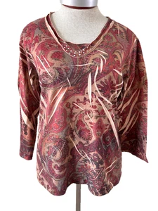 Jane Ashley top Size M 3/4 sleeve beaded V neck tan red floral pullover - Picture 1 of 5