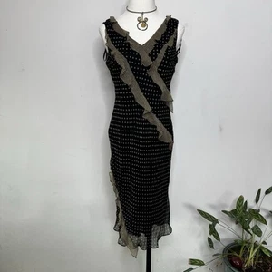 Vintage 90s Black Silk Mixed Print Asymmetrical Sheer Fairy Dress Coquette 10 - Picture 1 of 6