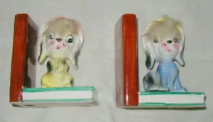 VINTAGE WESTPAC CERAMIC PUPPY DOG FIGURAL BOOKENDS w FAUX FUR, CUTE - Picture 1 of 5