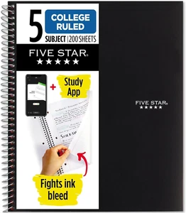 Spiral Notebook + Study App, 5 Subject, College Ruled Paper, Fights Ink Bleed, W - Picture 1 of 12