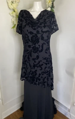 Vestido Largo Eva Azul Negro Chifón Superpuesto Rosa Terciopelo Cuentas Talla 8 Vintage Formal Foto 1 de 4